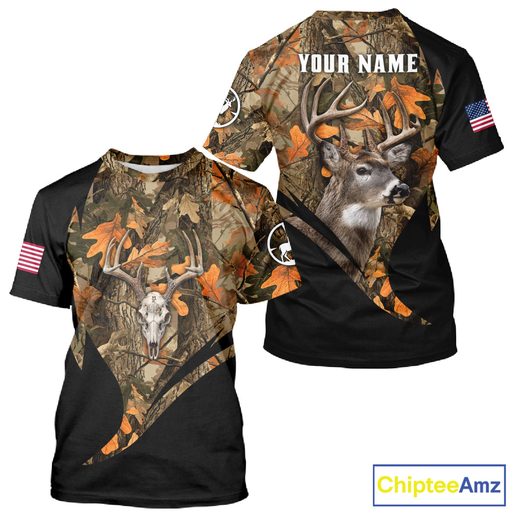 Deer Hunting Shirt 3D Autumn Camo Custom Name With Deer Skull Whitetail And US Flag NHT223