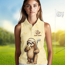 Load image into Gallery viewer, Funny Sloth Banana Womens Sleeveless Golf Polo Shirt Custom Golf Jerseys, Golf Apparel Gift For Golf Lovers NHT907
