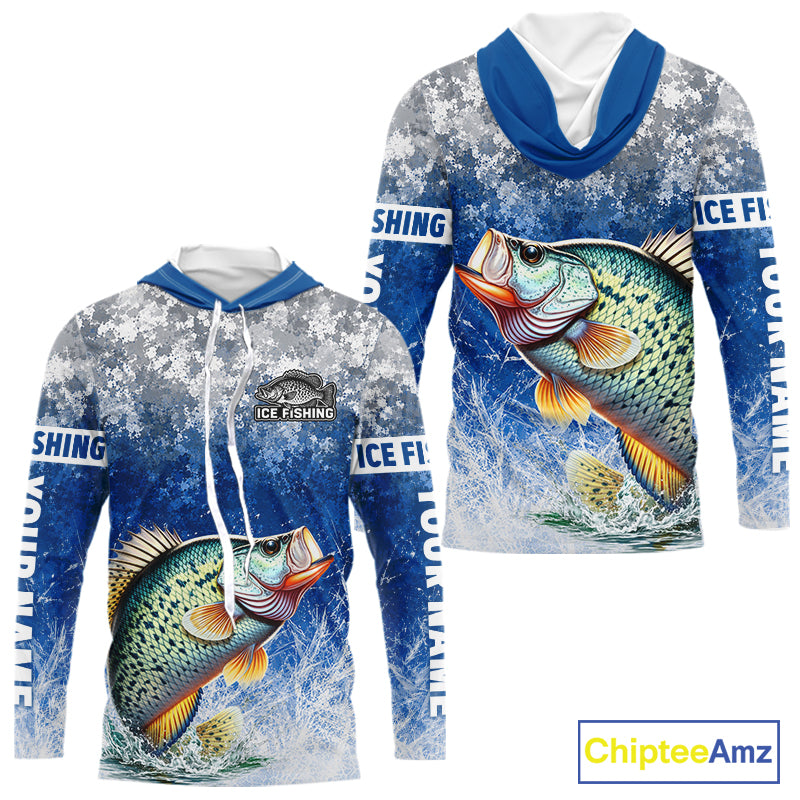 Ice Fishing Shirt With Crappie & Winter Camo Design, Fishing Shirts Hooded Long Sleeve For Men NHT1374
