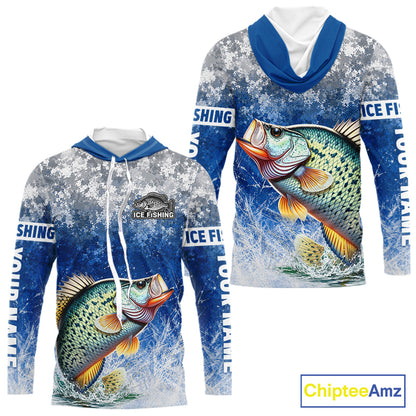 Ice Fishing Shirt With Crappie & Winter Camo Design, Fishing Shirts Hooded Long Sleeve For Men NHT1374