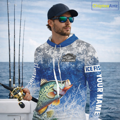 Ice Fishing Shirt With Crappie & Winter Camo Design, Fishing Shirts Hooded Long Sleeve For Men NHT1374