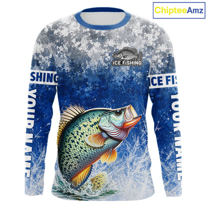 Ice Fishing Shirt With Crappie & Winter Camo Design, Fishing Shirts Long Sleeve For Men NHT1374