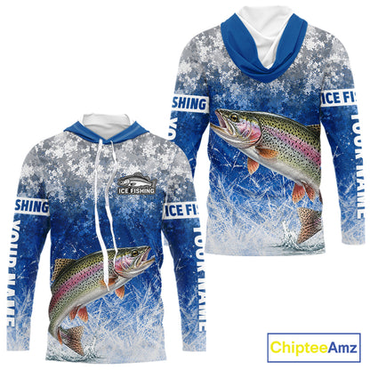Ice Fishing Shirt With Rainbow Trout & Winter Camo Design, Fishing Shirt Hooded Long Sleeve For Men NHT1375