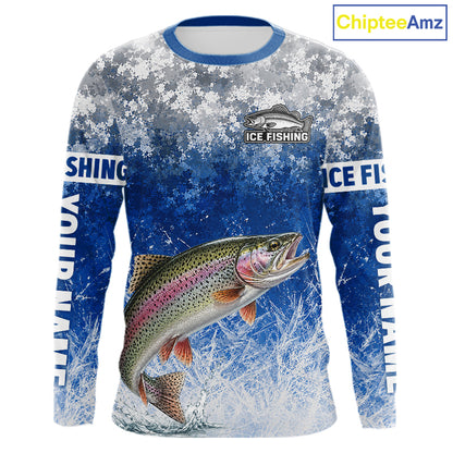 Ice Fishing Shirt With Rainbow Trout & Winter Camo Design, Fishing Shirt Long Sleeve For Men NHT1375