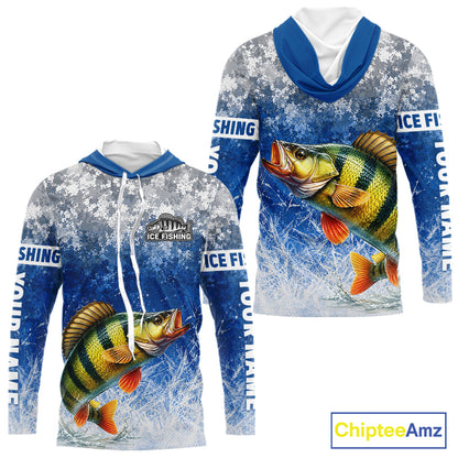 Ice Fishing Shirt With Yellow Perch & Winter Camo Design, Fishing Shirts Hooded Long Sleeve For Men NHT1376