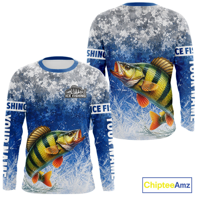 Ice Fishing Shirt With Yellow Perch & Winter Camo Design, Fishing Shirts Long Sleeve For Men NHT1376