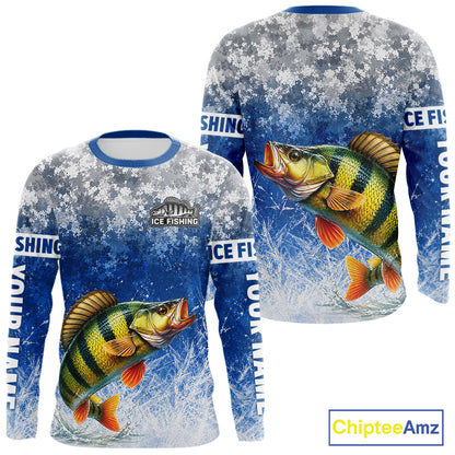 Ice Fishing Shirt With Yellow Perch & Winter Camo Design, Fishing Shirts Long Sleeve For Men NHT1376