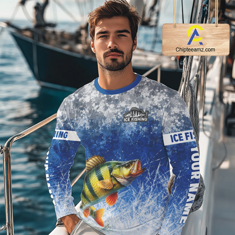 Ice Fishing Shirt With Yellow Perch & Winter Camo Design, Fishing Shirts Long Sleeve For Men NHT1376