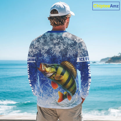 Ice Fishing Shirt With Yellow Perch & Winter Camo Design, Fishing Shirts Long Sleeve For Men NHT1376