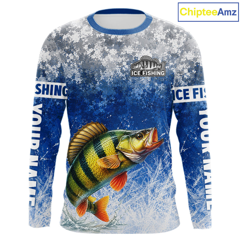 Ice Fishing Shirt With Yellow Perch & Winter Camo Design, Fishing Shirts Long Sleeve For Men NHT1376