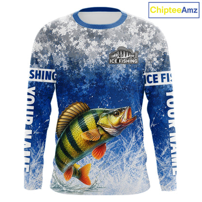 Ice Fishing Shirt With Yellow Perch & Winter Camo Design, Fishing Shirts Long Sleeve For Men NHT1376