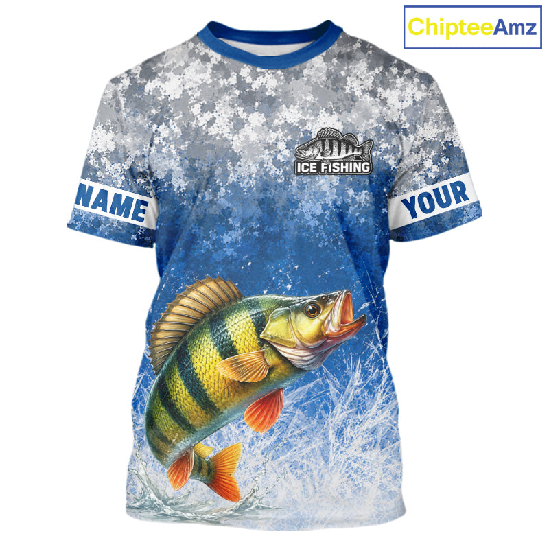 Ice Fishing Shirt With Yellow Perch & Winter Camo Design, Fishing Shirts Short Sleeve For Men NHT1376