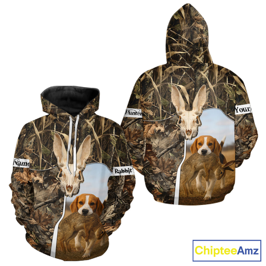 Rabbit Hunting With Beagle 3D Skull Camo Custom Hunting Shirt, Rabbit Hunting Clothing NHT229