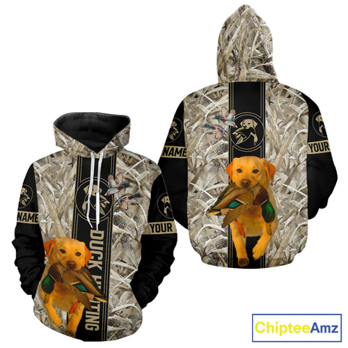 Yellow Lab Mallard Duck Hunting Winter Camo 3D Shirt, Custom Name Waterfowl Hunting Clothes NHT232