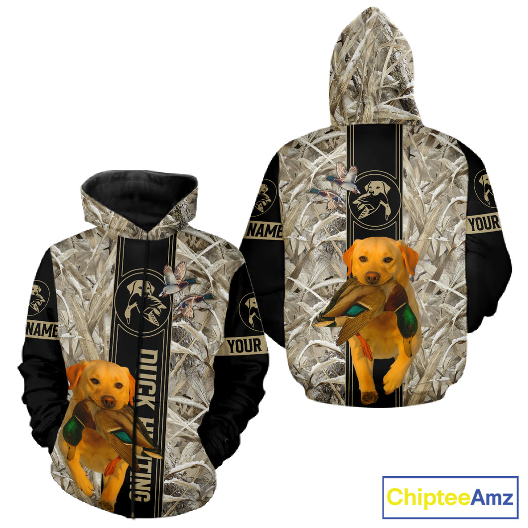 Yellow Lab Mallard Duck Hunting Winter Camo 3D Shirt, Custom Name Waterfowl Hunting Clothes NHT232