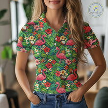 Load image into Gallery viewer, Womens Golf Polo Shirt Colorful Floral Flamingo Pattern Tropical Leaves Custom Name NHT538