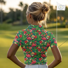 Load image into Gallery viewer, Womens Golf Polo Shirt Colorful Floral Flamingo Pattern Tropical Leaves Custom Name NHT538