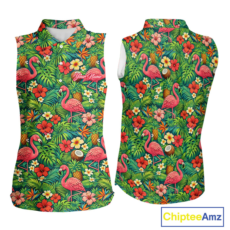 Womens Sleeveless Golf Polo Shirt Colorful Floral Flamingo Pattern Tropical Leaves Custom Name NHT538
