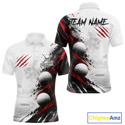 Front and back views of a custom short-sleeve polo shirt featuring a golf course graphic with three golf balls, red claw marks, and placeholder text 'TEAM NAME' and 'YOUR NAME'.