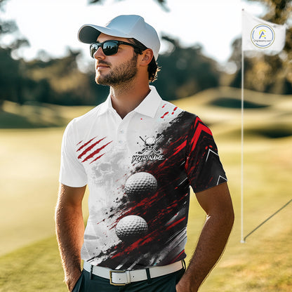 A man wearing a white, black, and red golf-themed short-sleeve polo shirt stands on a golf course. The shirt features a graphic print with golf balls, paint splatters, and claw marks.