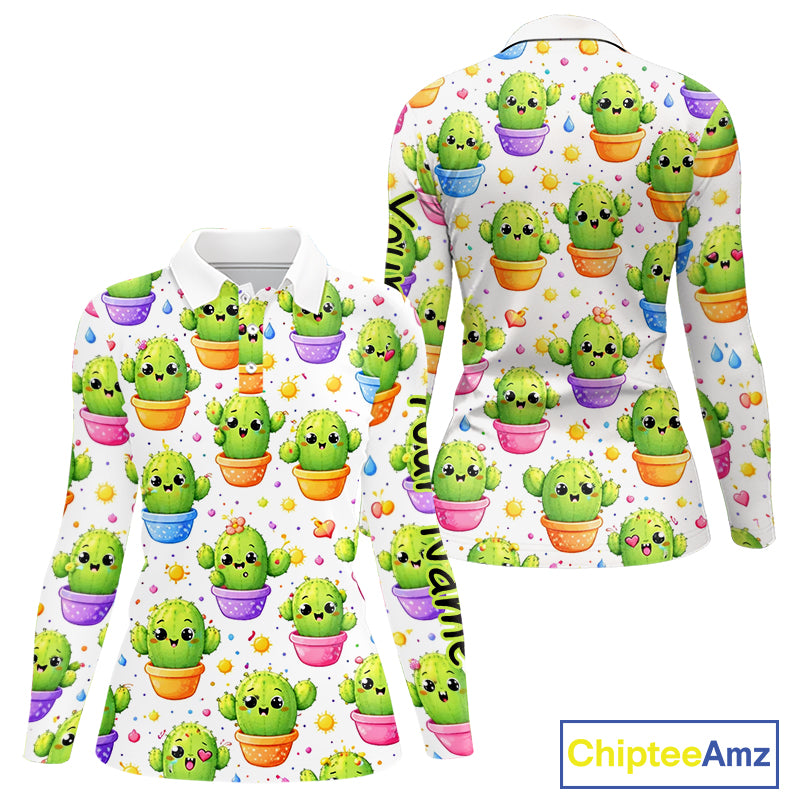 Funny Cactus Flower Pattern Womens Golf Polo Shirt, Cute Cartoon Plant Shirt Personalized, Colorful Succulent Shirt NHT556
