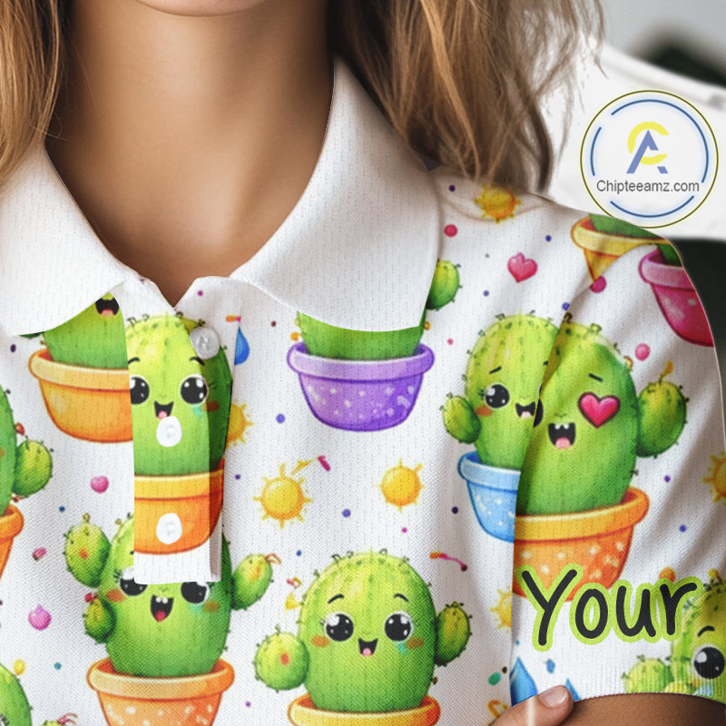 Funny Cactus Flower Pattern Womens Golf Polo Shirt, Cute Cartoon Plant Shirt Personalized, Colorful Succulent Shirt NHT556