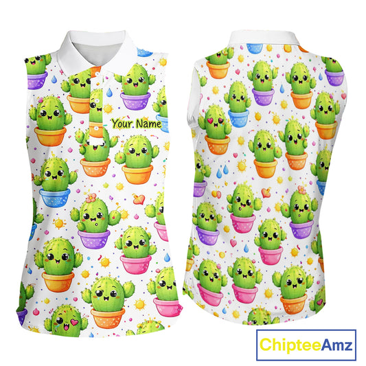 Funny Cactus Flower Pattern Womens Sleeveless Golf Polo Shirt, Cute Cartoon Plant Shirt Personalized, Colorful Succulent Shirt NHT556