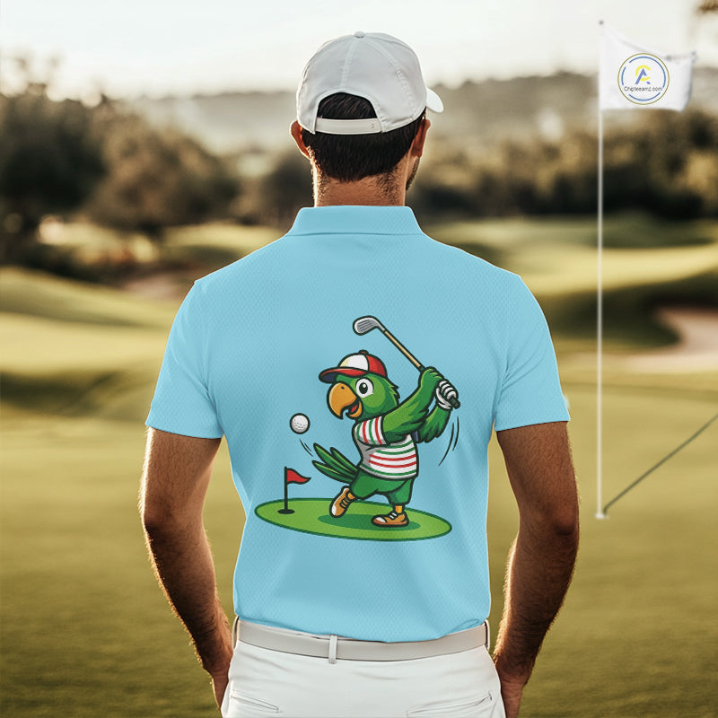 Personalized Mens Golf Polo Shirt Custom Name Funny Green Parrot Design|Blue 