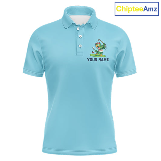 Personalized Mens Golf Polo Shirt Custom Name Funny Green Parrot Design|Blue 