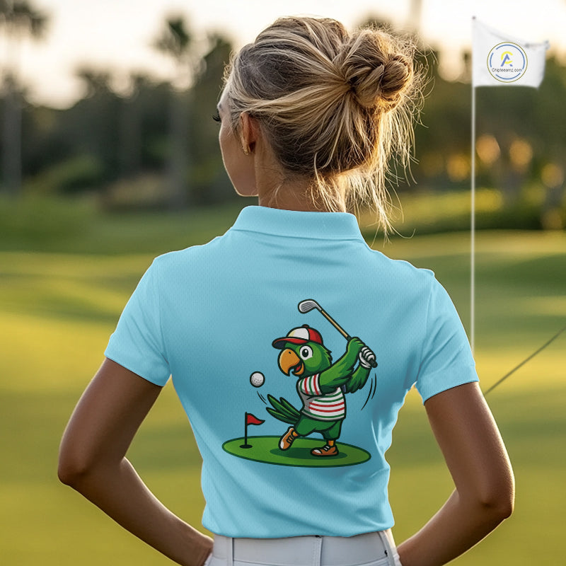 Personalized Womens Golf Polo Shirt Custom Name Funny Green Parrot Design|Blue 