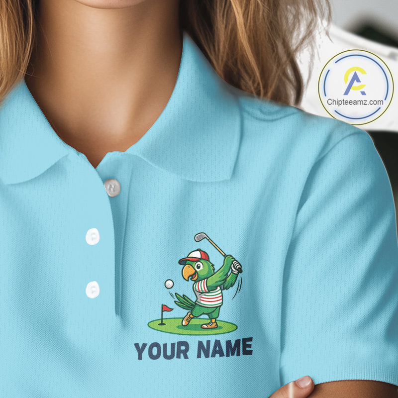Personalized Womens Golf Polo Shirt Custom Name Funny Green Parrot Design|Blue 