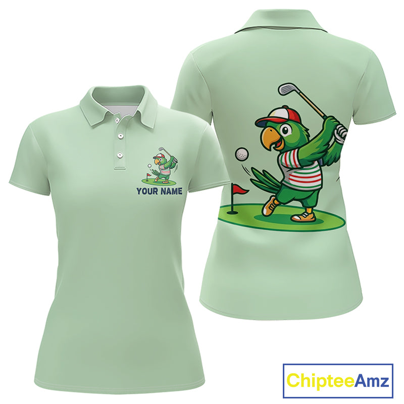 Personalized Womens Golf Polo Shirt Custom Name Funny Green Parrot Design|Green 