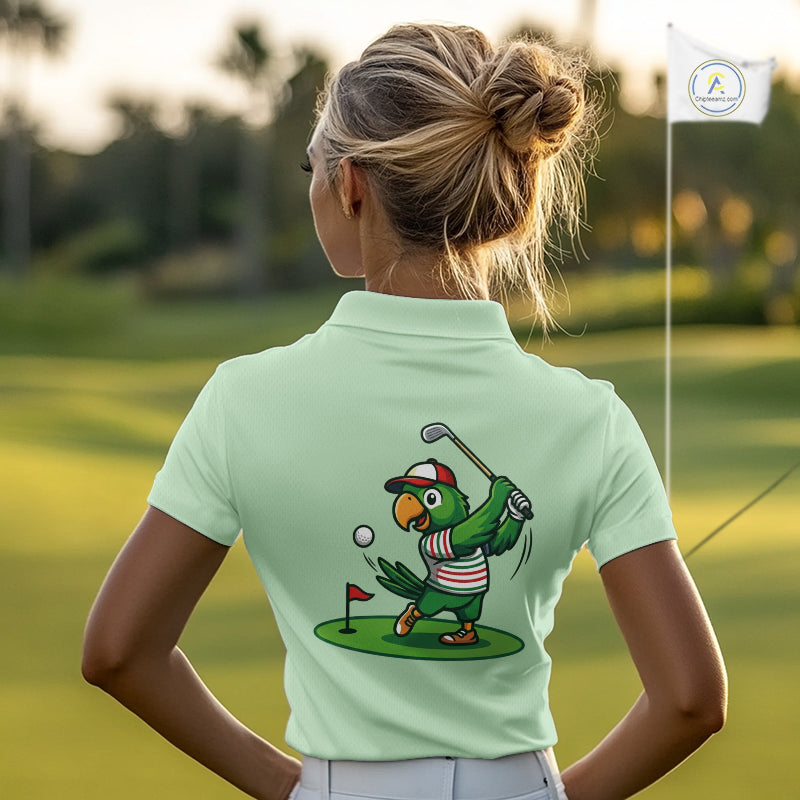 Personalized Womens Golf Polo Shirt Custom Name Funny Green Parrot Design|Green 