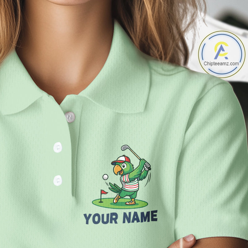 Personalized Womens Golf Polo Shirt Custom Name Funny Green Parrot Design|Green 