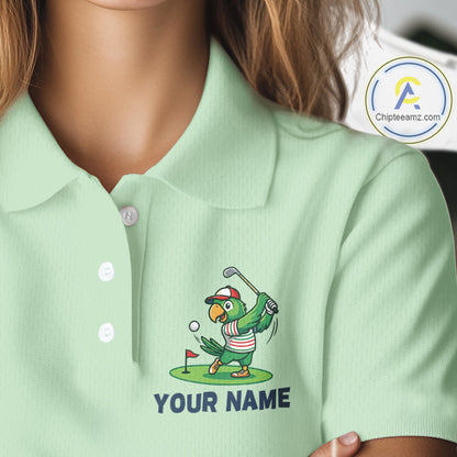 Personalized Womens Golf Polo Shirt Custom Name Funny Green Parrot Design|Green 