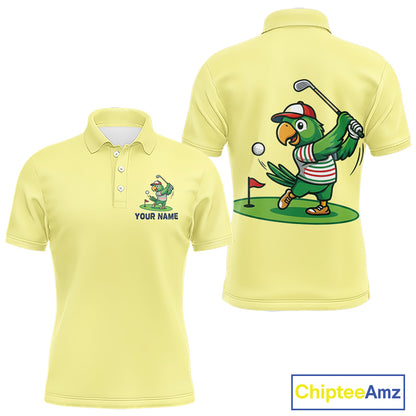 Personalized Mens Golf Polo Shirt Custom Name Funny Green Parrot Design|Yellow 