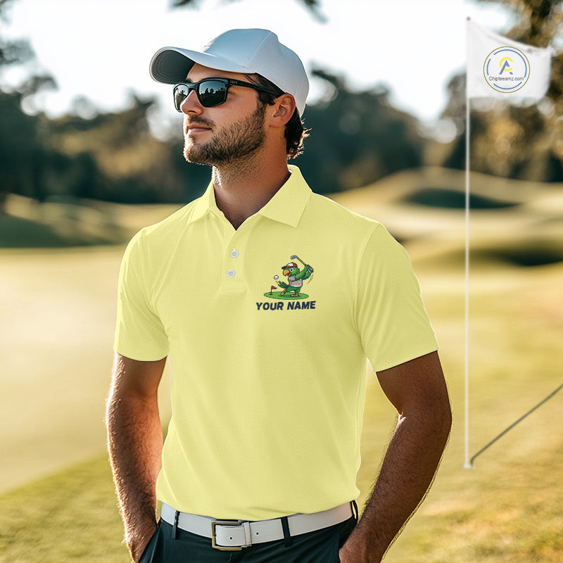 Personalized Mens Golf Polo Shirt Custom Name Funny Green Parrot Design|Yellow NHT1094