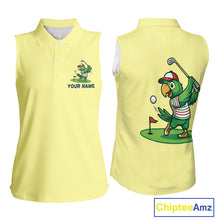 Load image into Gallery viewer, Personalized Womens Sleeveless Golf Polo Shirt Custom Name Funny Green Parrot Design|Yellow