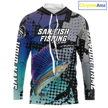 Load image into Gallery viewer, Sailfish Hooded Fishing Shirt Blue Camo Custom Name, Sailfish Fishing Team Jerseys NHT475