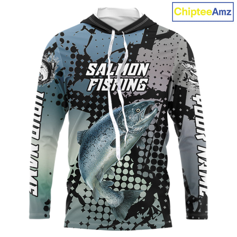 Chinook Salmon Hooded Fishing Shirt Gray Camo Custom Name, Chinook Salmon Fishing Team Jerseys NHT478