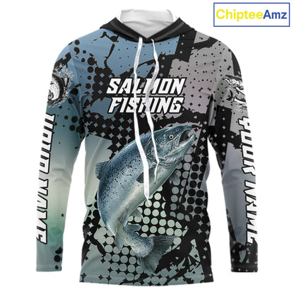 Chinook Salmon Hooded Fishing Shirt Gray Camo Custom Name, Chinook Salmon Fishing Team Jerseys NHT478