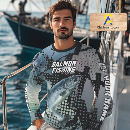 Chinook Salmon Fishing Shirt Gray Camo Custom Name, Chinook Salmon Fishing Team Jerseys NHT478