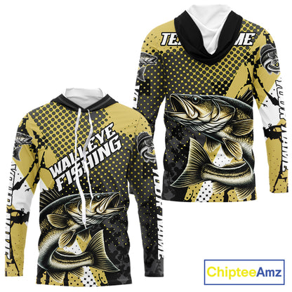 Personalized Walleye Fishing Shirts Long Sleeve Hooded, Yellow Camo Walleye Fishing Shirts NHT483