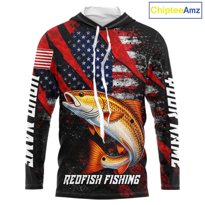 Patriotic Redfish Fishing Jersey, Fishing Shirts Hooded Long Sleeve Custom Name For Men NHT485