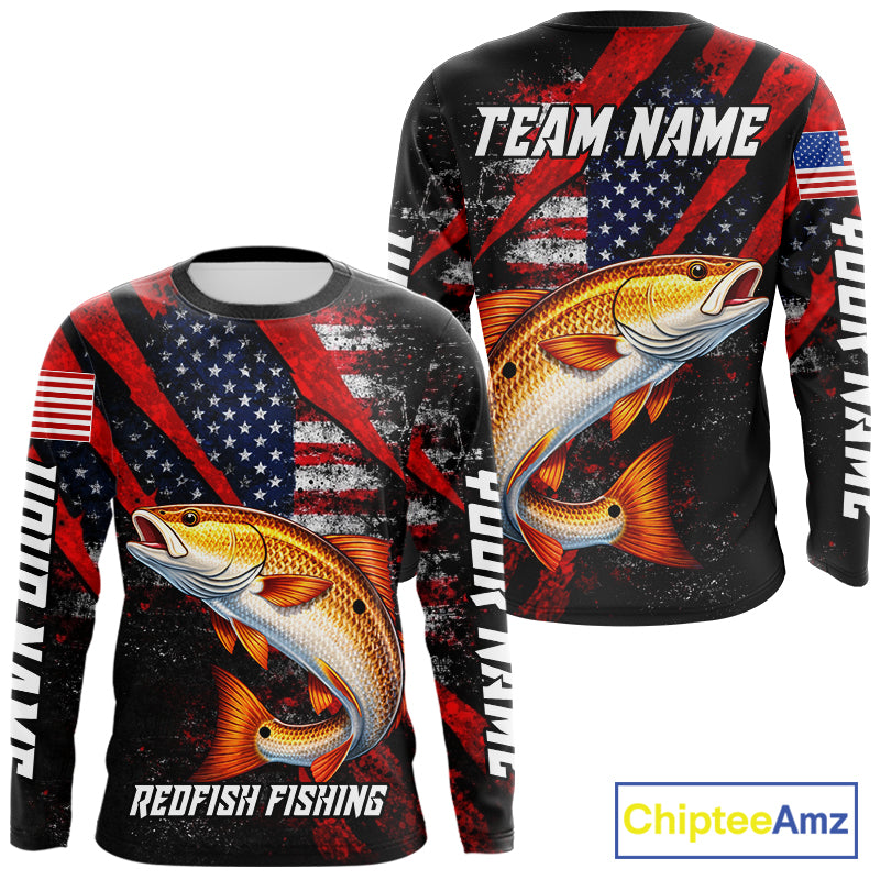 Patriotic Redfish Fishing Jersey, Fishing Shirts Long Sleeve Custom Name For Men NHT485