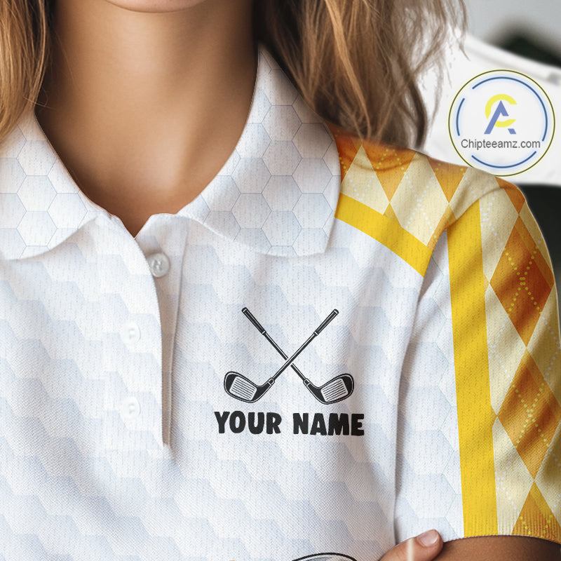Custom Yellow & White Funny Duck Golf Shirt For Womens, Golf Jersey Argyle Pattern For Womens NHT559