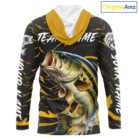 Custom Largemouth Bass Fishing Shirts Long Sleeve Hooded – Performance Tournament Jersey For Men| Yellow NHT770