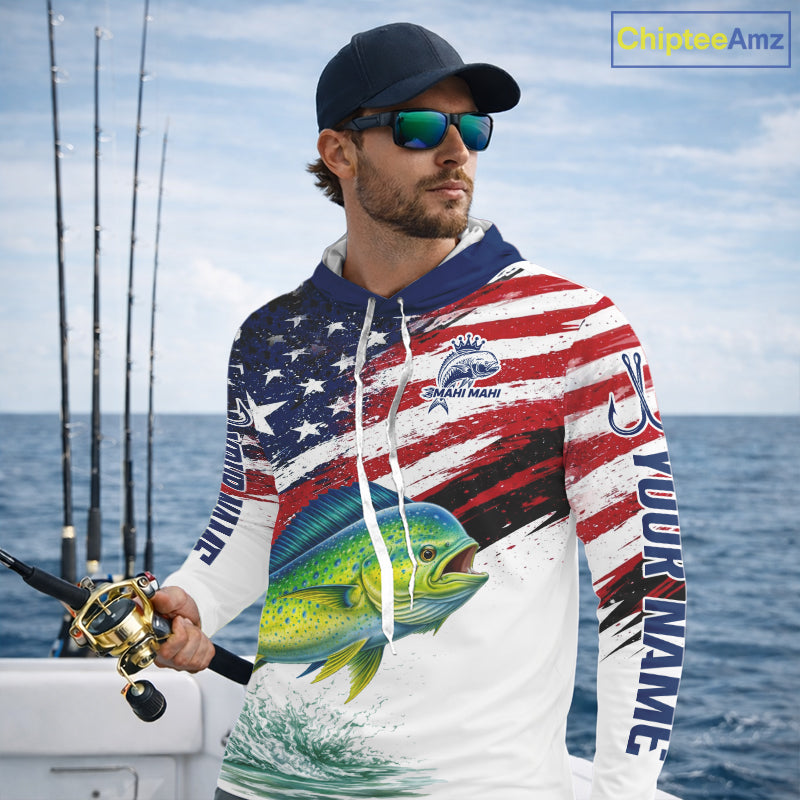 Personalized Patriotic Mahi Mahi( Dorado) Fishing Shirts Long Sleeve Hooded, American Flag Fishing Jerseys For Men NHT775