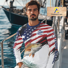 Load image into Gallery viewer, Personalized Patriotic Redfish Fishing Shirts Long Sleeve, American Flag Fishing Jerseys For Men NHT776