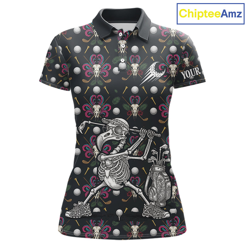 Dark Skull Golf Polo Shirt – Gothic Skeleton Flamingo Pattern Funny Golf Shirt For Womens NHT781
